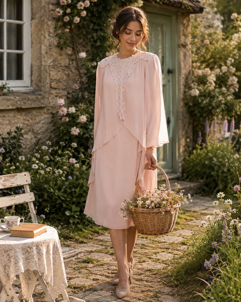 Vintage 14 Dress Lace Chiffon Dress Mother of the bride Cottagecore Blush Tea